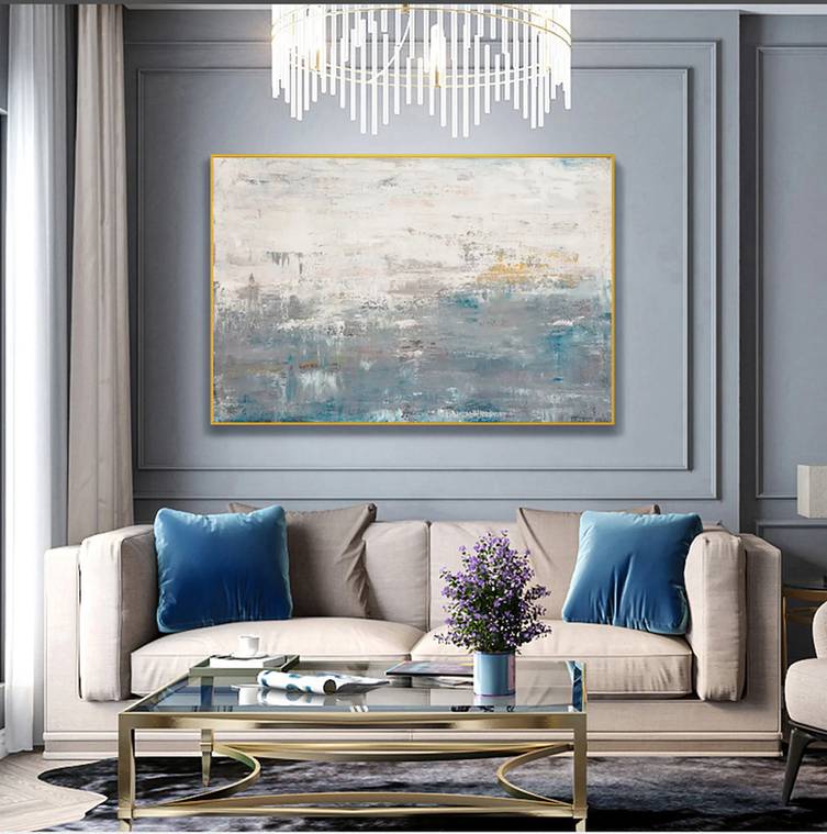 Painting Handmade Original Gray Yellow Blue Abstract Canvas Wall Art Y453C